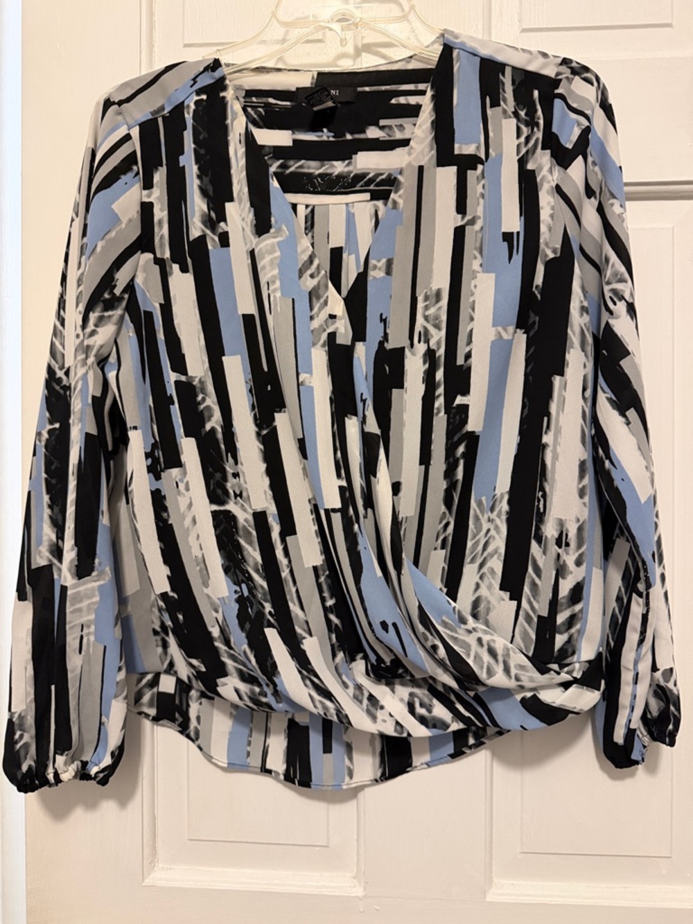 Alfani Light Blue, Black & White Striped Surplice Blouse